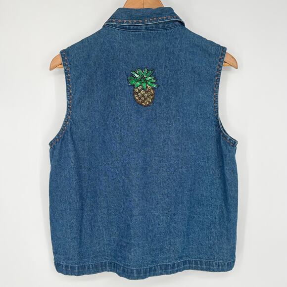 Life Style Denim Sequin Tropical Monkey Vest Size M - Picture 6 of 8